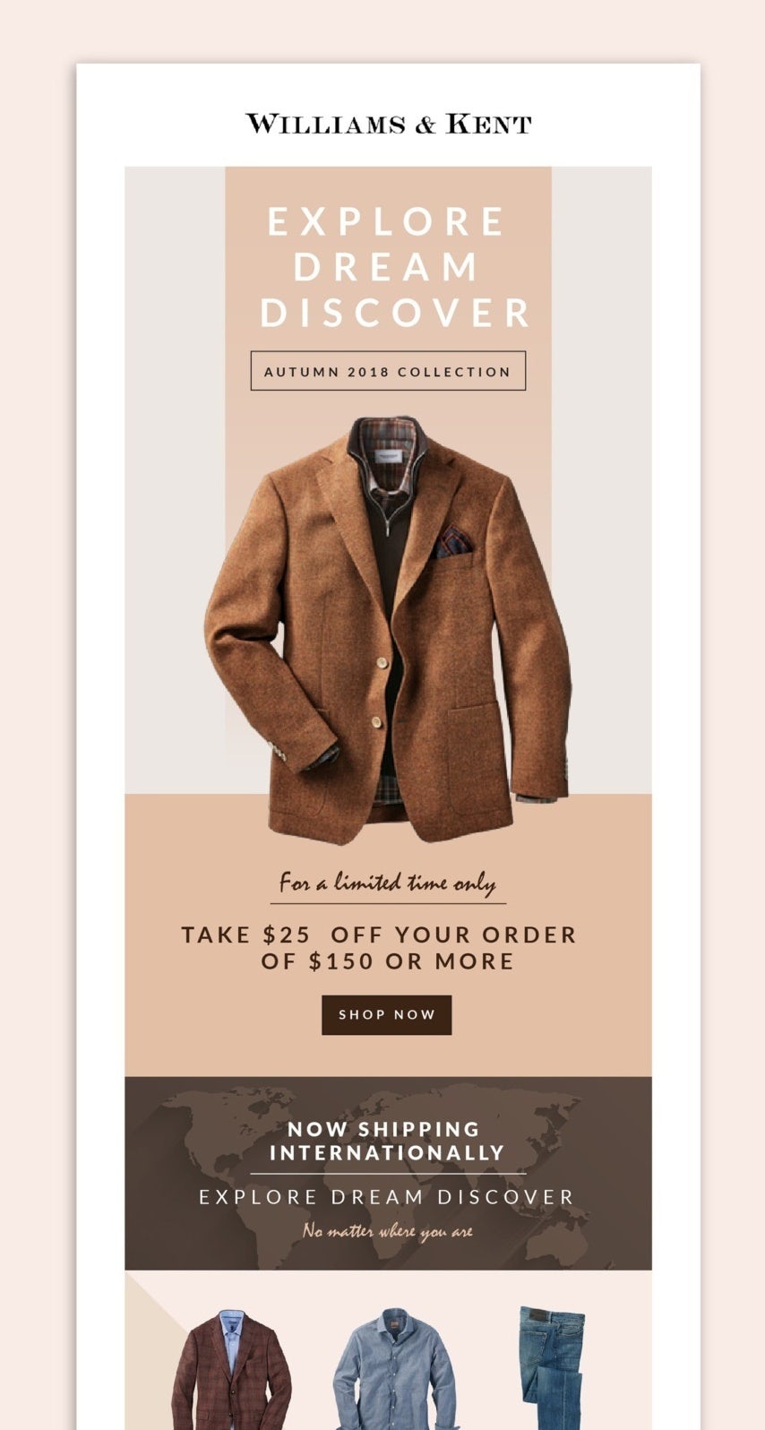 Diseño de correo electrónico para marca de ropa con una foto de producto flotante