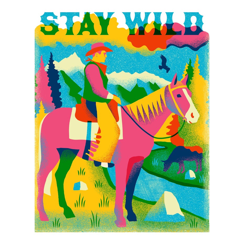 Risograph style illustration of a cowboy in nature