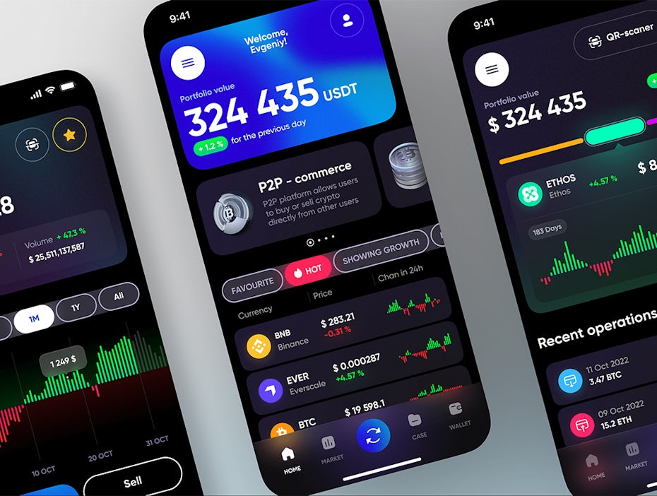 Mobile cryptocurrency app mockups showing the use of neon mist across multiple elements.