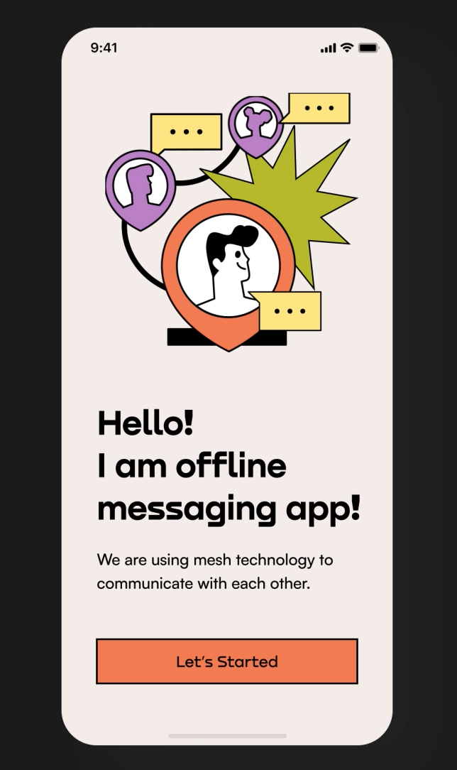 An offline messaging app mockup which uses nostalgic colors and illustrations.