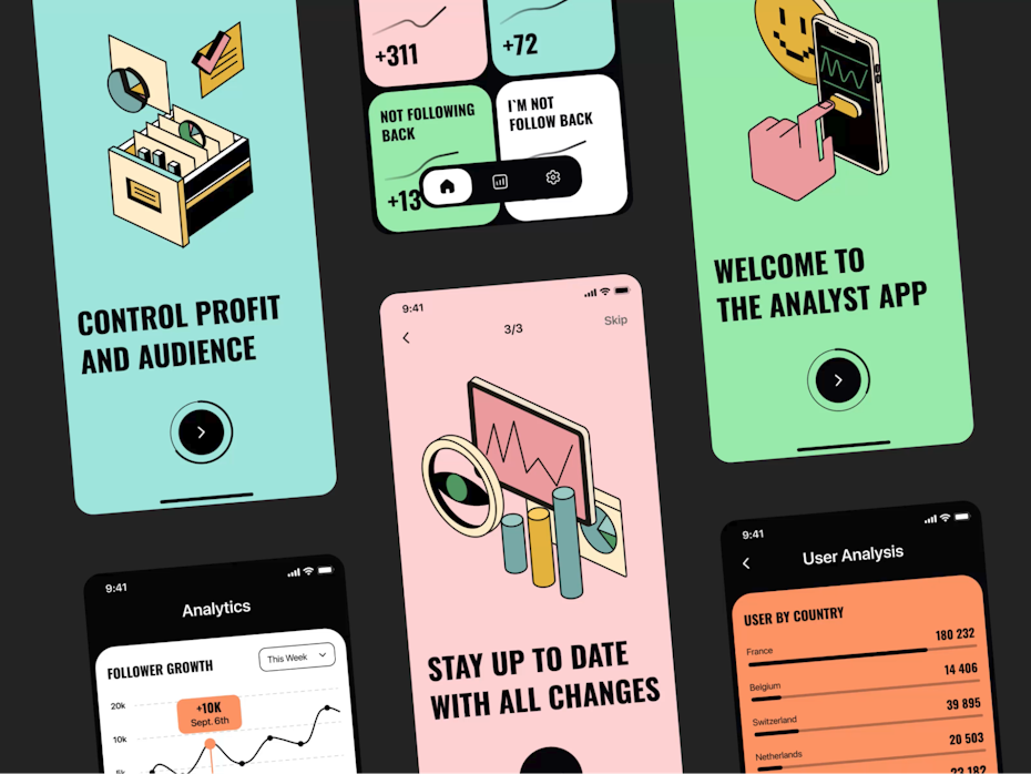 Array of isometric mockups which use simple shapes and colors that evoke pre-internet era design vibes.
