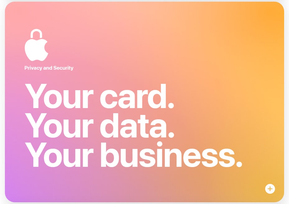 Una tarjeta que ilustra la neblina de neón con un degradado borroso de rosa a naranja y un texto que describe Apple Card.