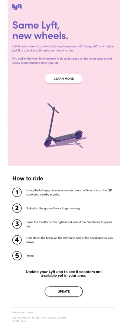 Diseño de correo electrónico para un scooter con una pantalla de producto animada