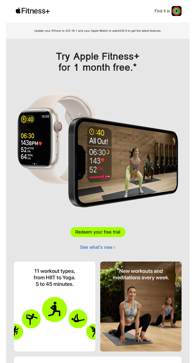 Email design for fitness watch featuring a floating product photo]