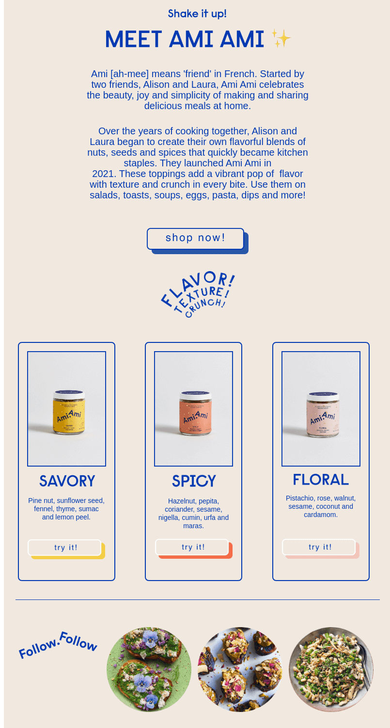 Diseño de correo electrónico para una marca de alimentos con sombras paralelas de CTA