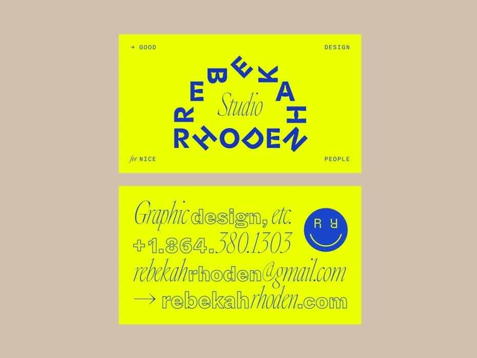 front and back of a bright yellow business card with blue text and a blue logo