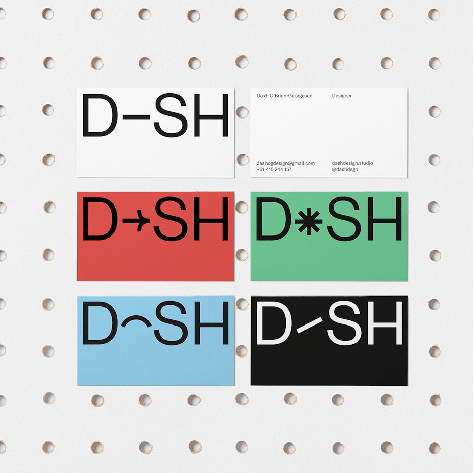 Impresionantes tendencias de tarjetas de presentación - seis tarjetas de visita, cada una de un color diferente, y cada una sustituyendo un carácter diferente por la "a" en DASH
