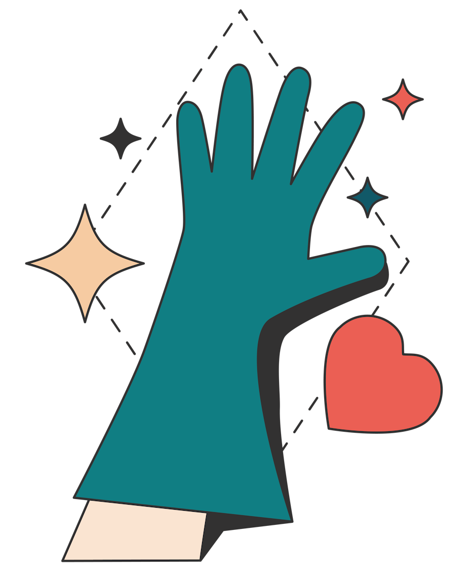 illustration of an open hand with stars and a heart around it
