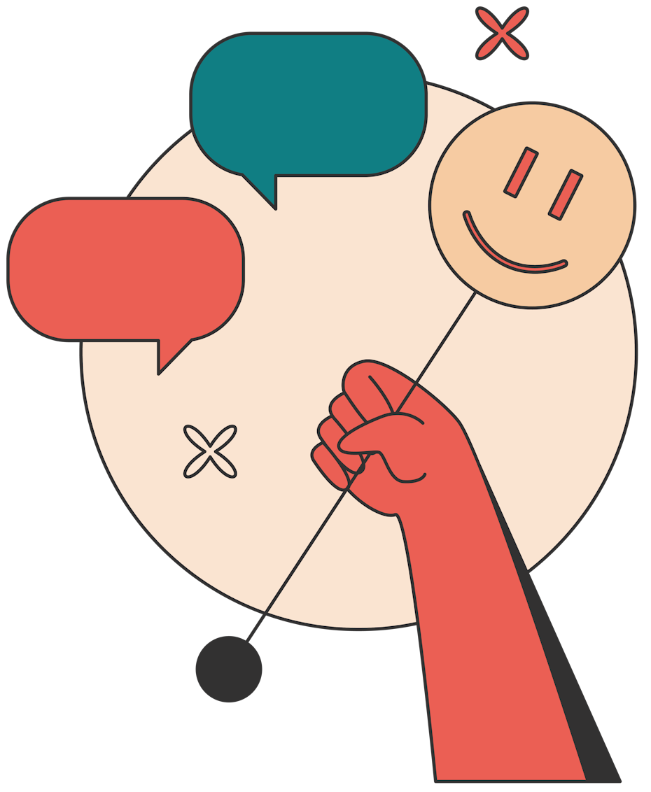 illustration of a hand holding a smiley face on a stick