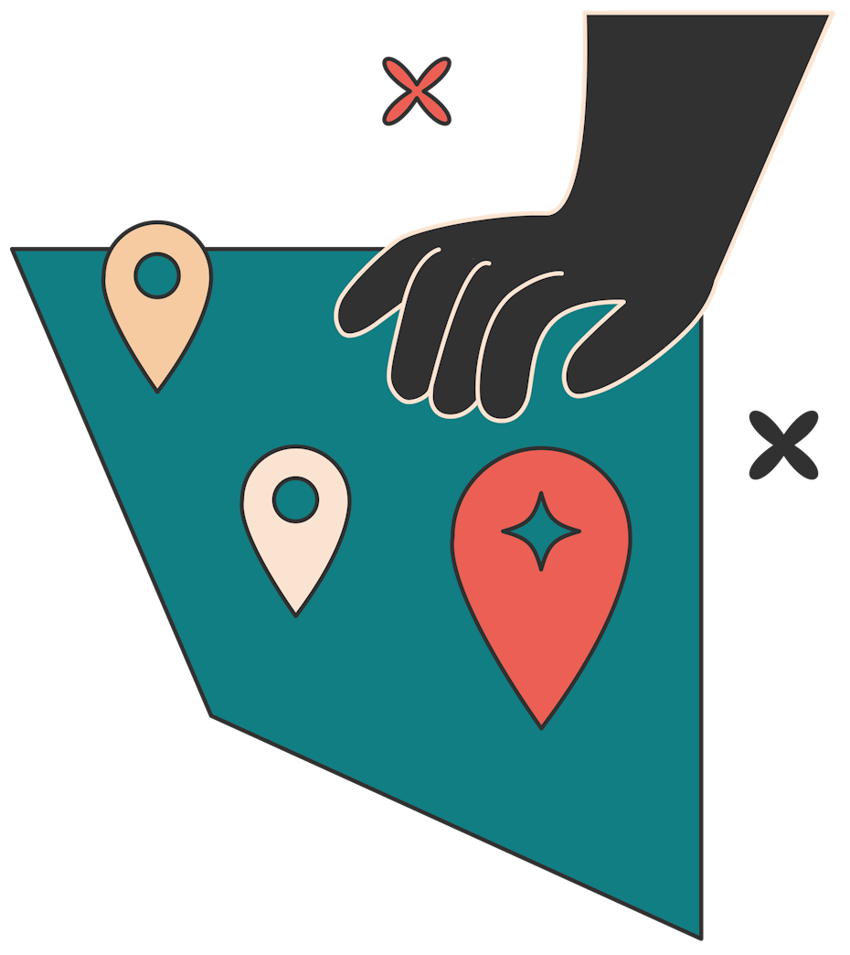 illustration of location pins and a hand reaching to pick up a pin