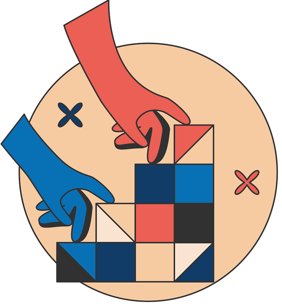illustration of stacked blocks and two fingers walking up the blocks
