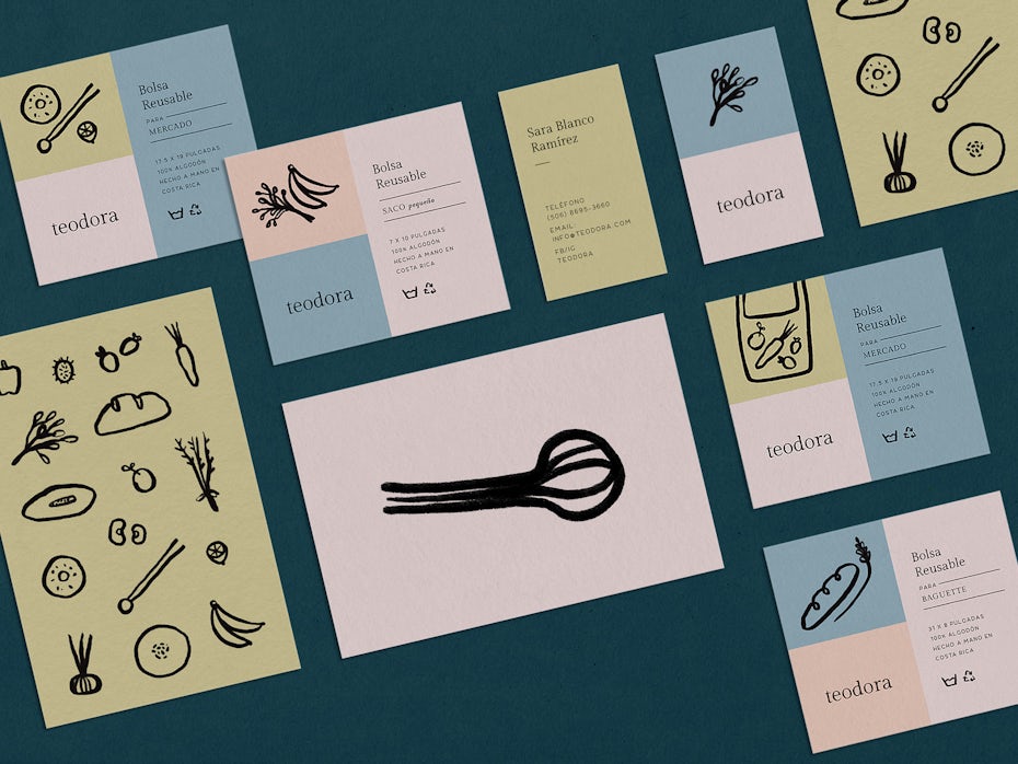 various business cards in different colors, each featuring an illustration of a food