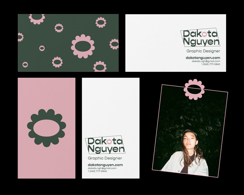 tarjetas de visita de color rosa y verde oscuro con formas de flores
