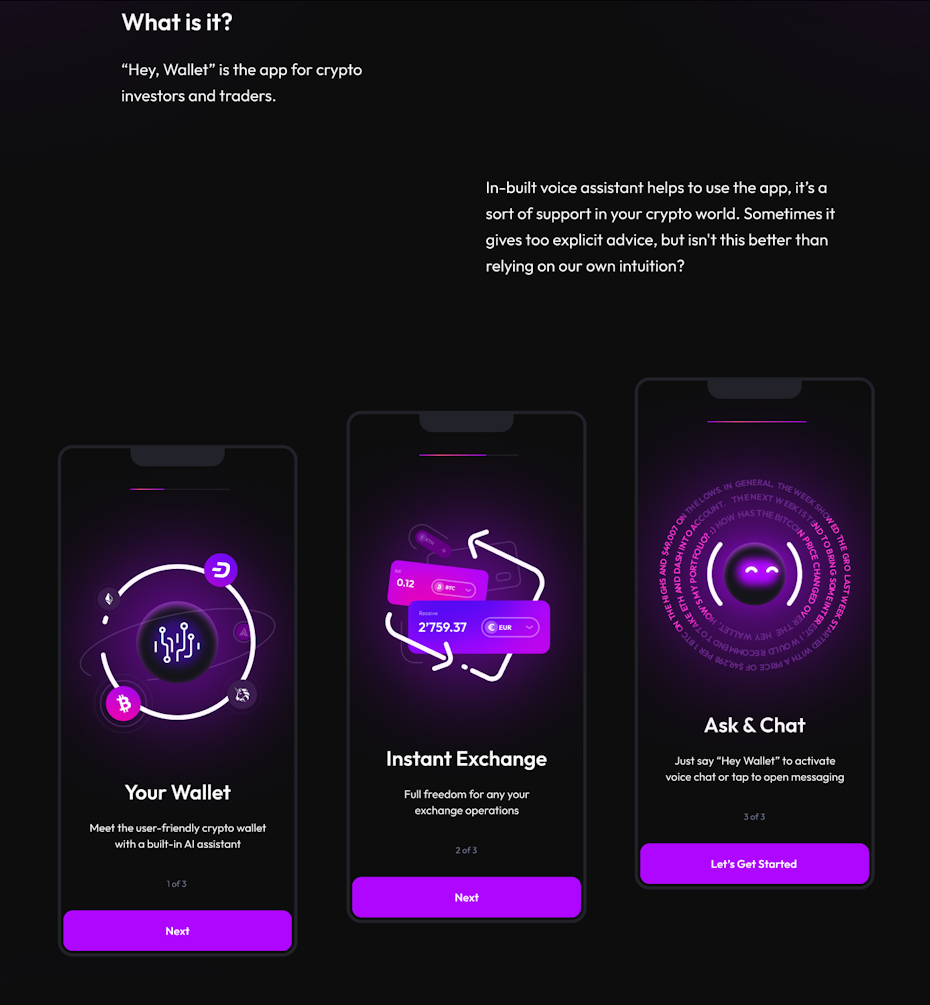 Mockups of a crypto app which uses AI-powered chat to help users resolve problems and learn more about digital investments.