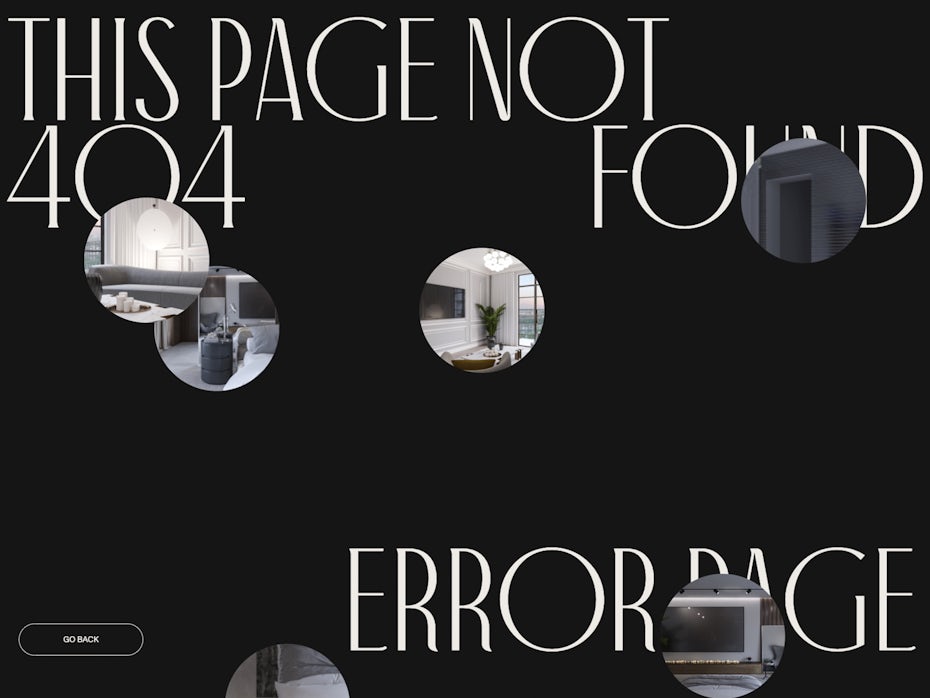 Página 404 con fondo negro, texto blanco y burbujas flotantes con imágenes.