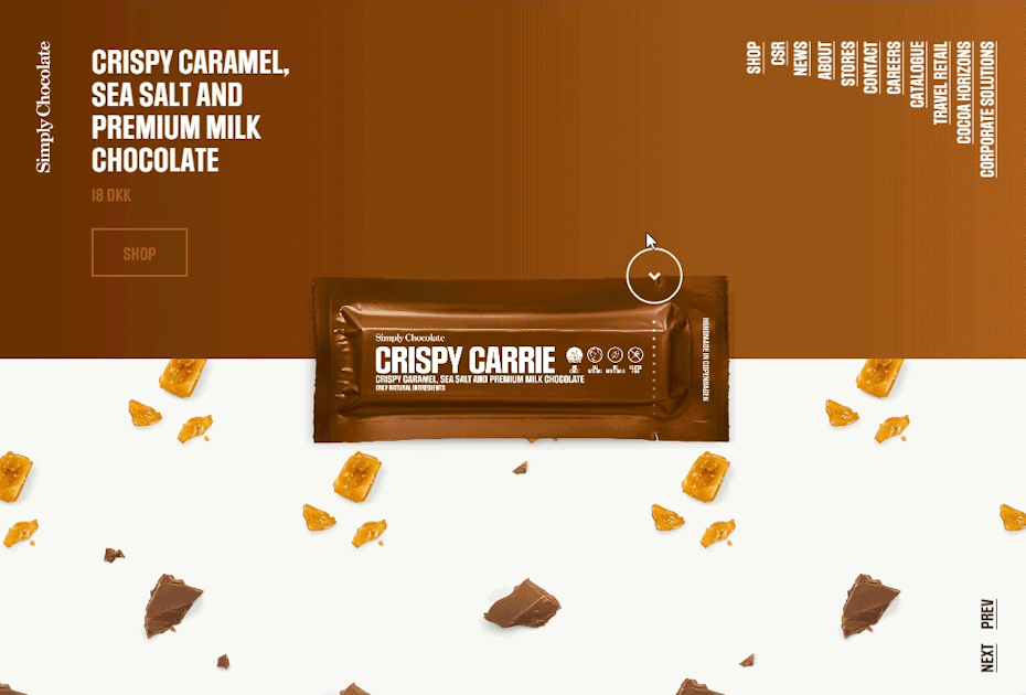Diseño de UX interactivo - GIF de revelar un producto de barra de chocolate en el sitio web de Simply Chocolate.