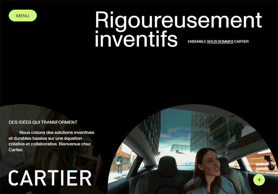 Diseño de UX interactivo - Página de inicio del sitio de Agence Cartier que muestra muchos mecanismos de desplazamiento diferentes.