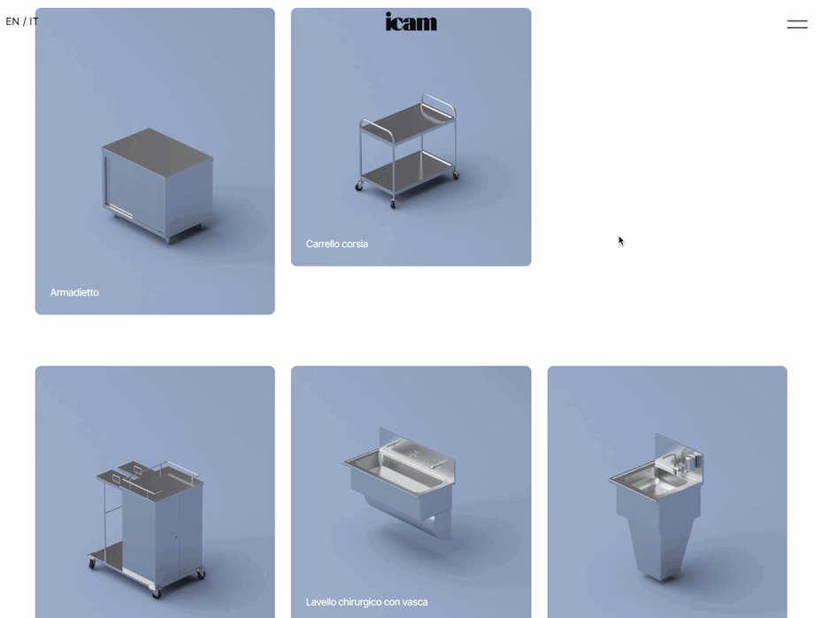 GIF animado de la página de inicio del fabricante de equipos Icam INOX, que revela la modularidad de sus productos al pasar el mouse por encima.