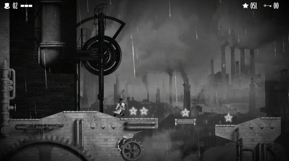 Diseño de UX interactivo - Captura de pantalla de un juego de estética steampunk que rinde homenaje a la película de 1902 de Georges Méliès, Un viaje a la luna.