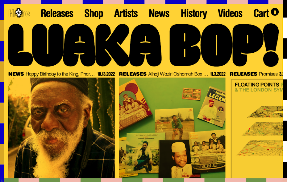 Landing page of Luaka Bop with a striking yellow background paired with a webpage border and old school imagery to stimulate the senses.