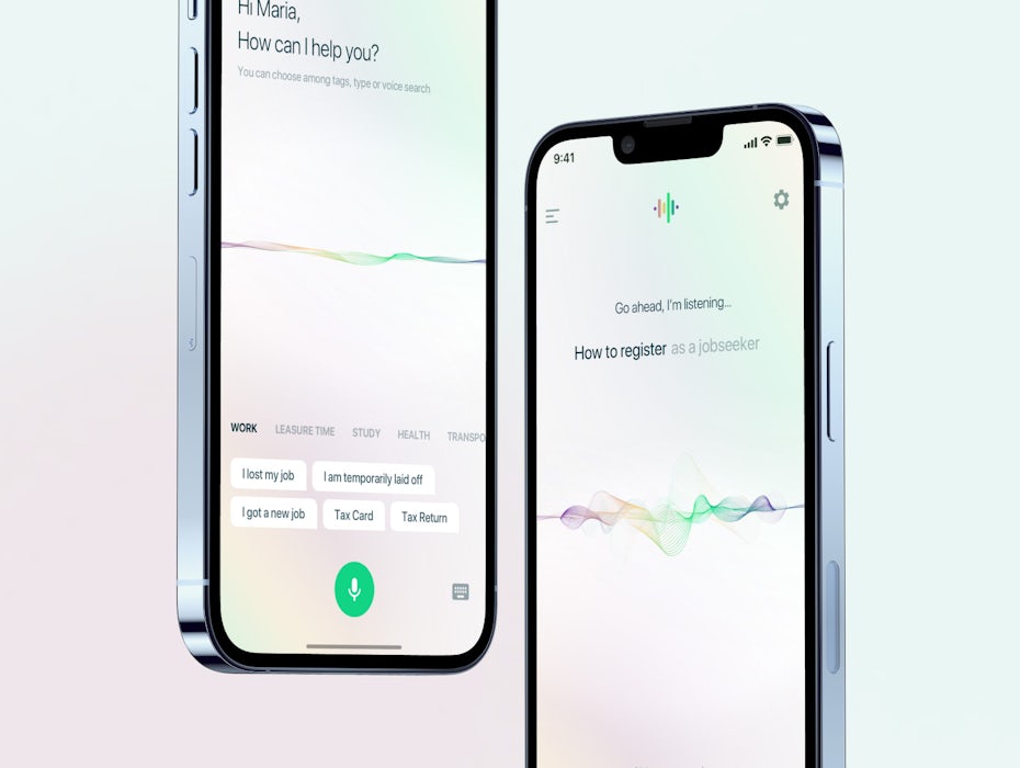 Mockup of a voice assistant app which guides the user and transcribes what they say.