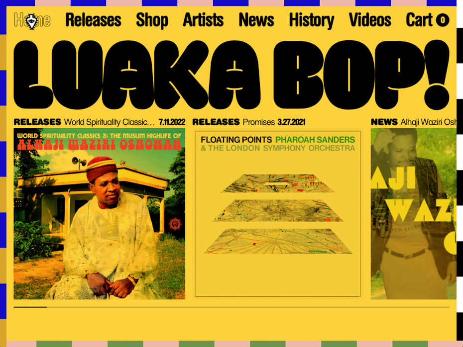 a website with bright yellow overlay and black text that says Luaka Bop!