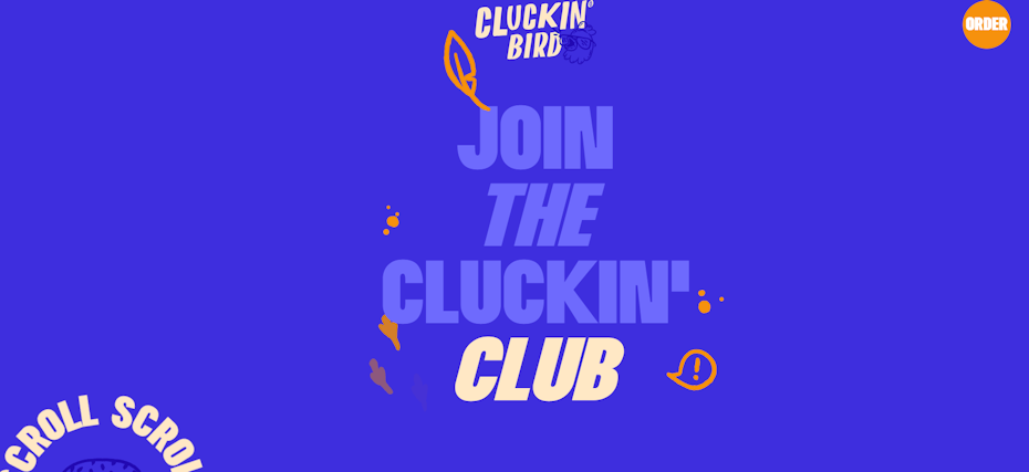 homepage that says, “Join the cluckin’ club”
