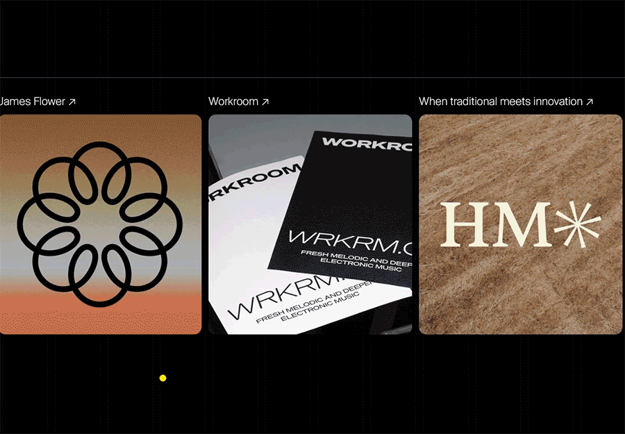 Diseño de UX interactivo - GIF de desplazamiento horizontal a través de las tarjetas que se muestran en el sitio de una agencia creativa.