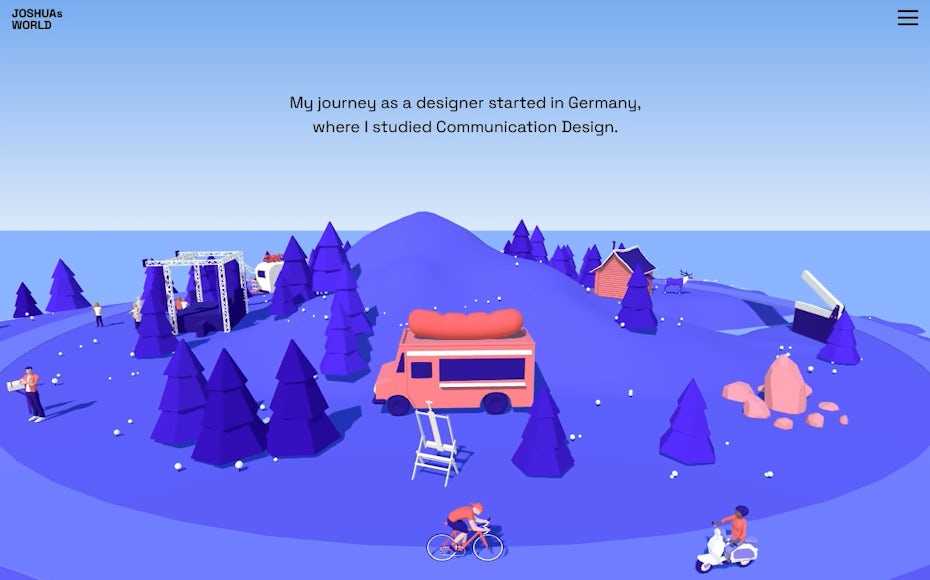 Landing page of a designer’s portfolio where the user can bike through sections of a site consisting of 3D elements.