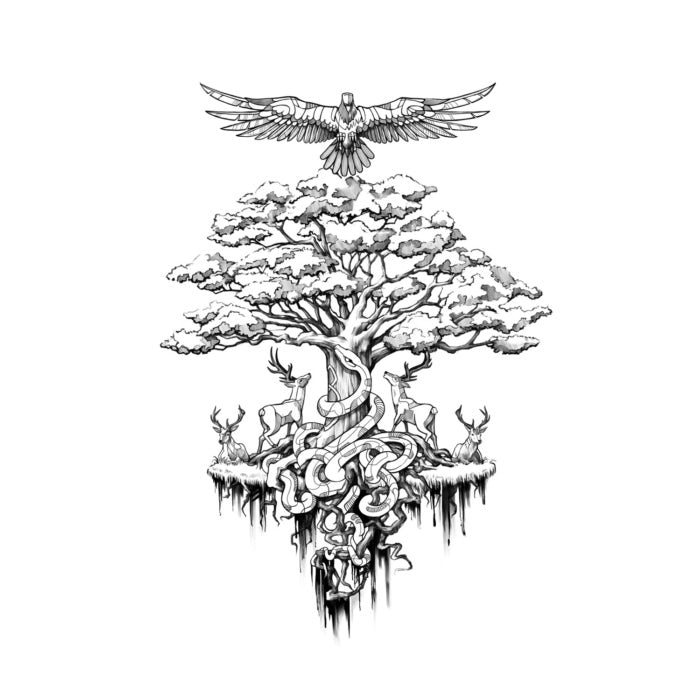 Black and white tree tattoo illustration