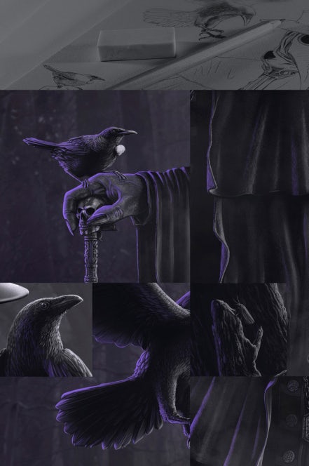 dark illustration of hand with a crow perched on it