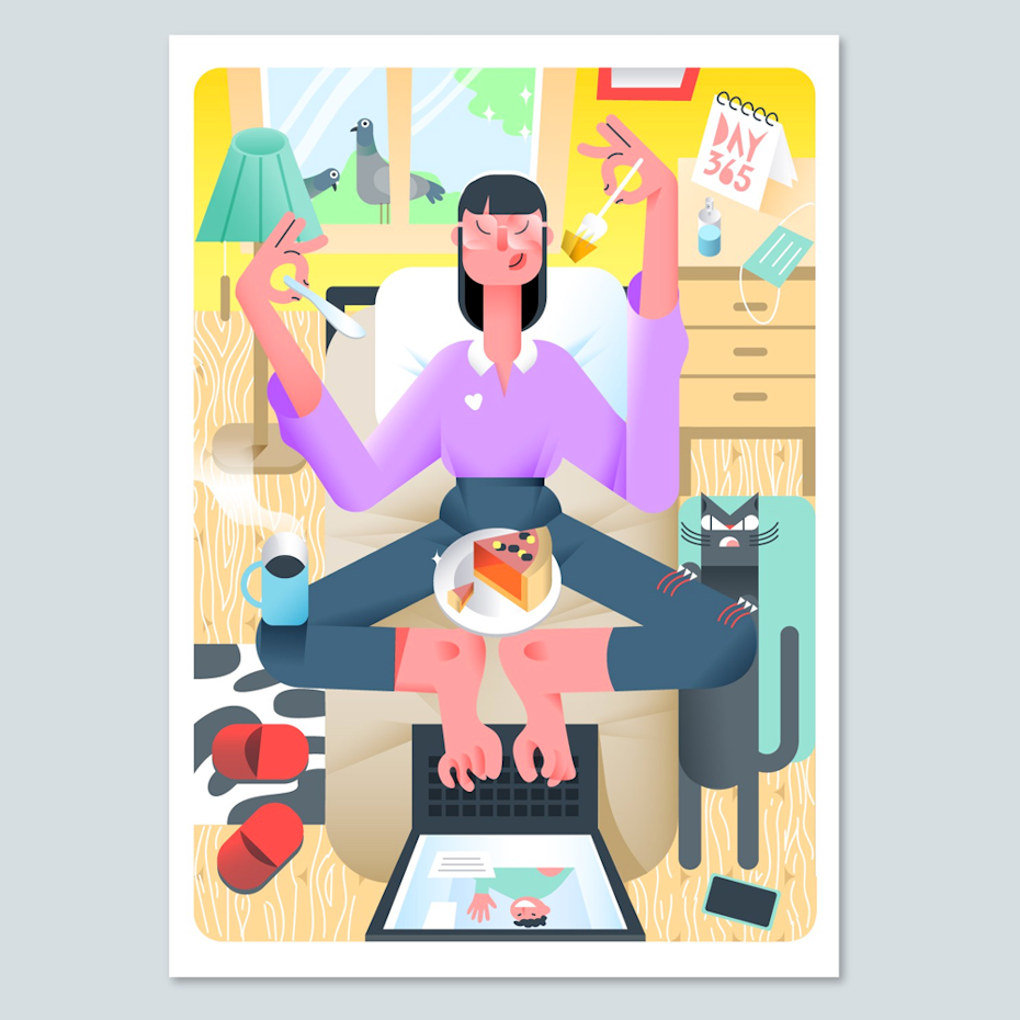 Postcard illustration of a woman working from home.