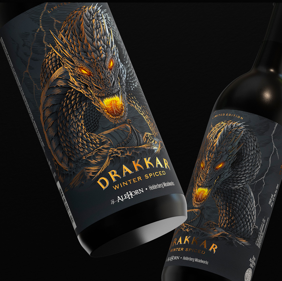 Detailed bottle label with dragon