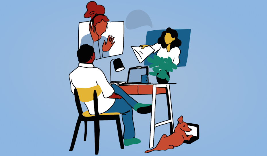illustration of a person sitting at a desk doing a zoom call with two others