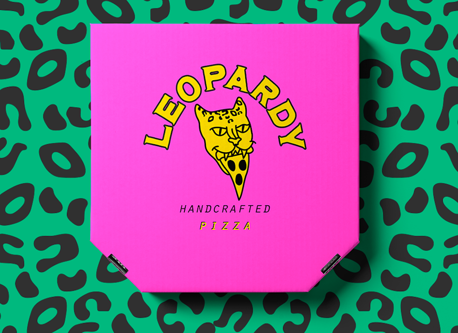 a bright pink pizza box with an illustration of a leopard with a pizza slice hanging out of it's mouth