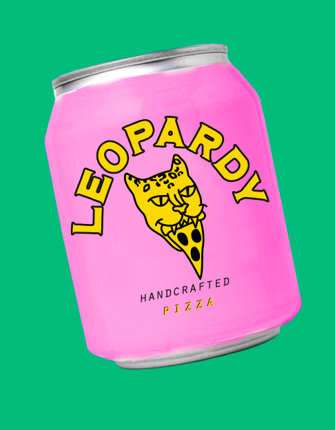 a bright pink can with an illustration of a leopard eating a pizza