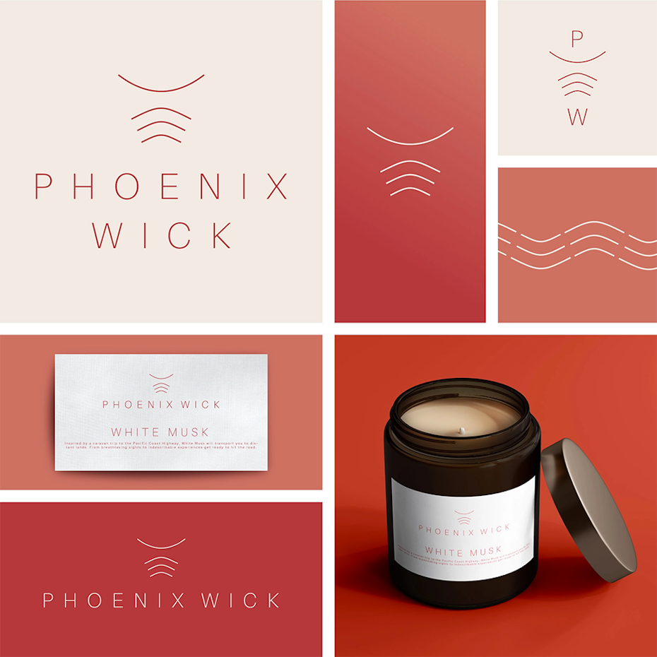 brand style example with logo and illustration style for phoenix wick, a candle brand