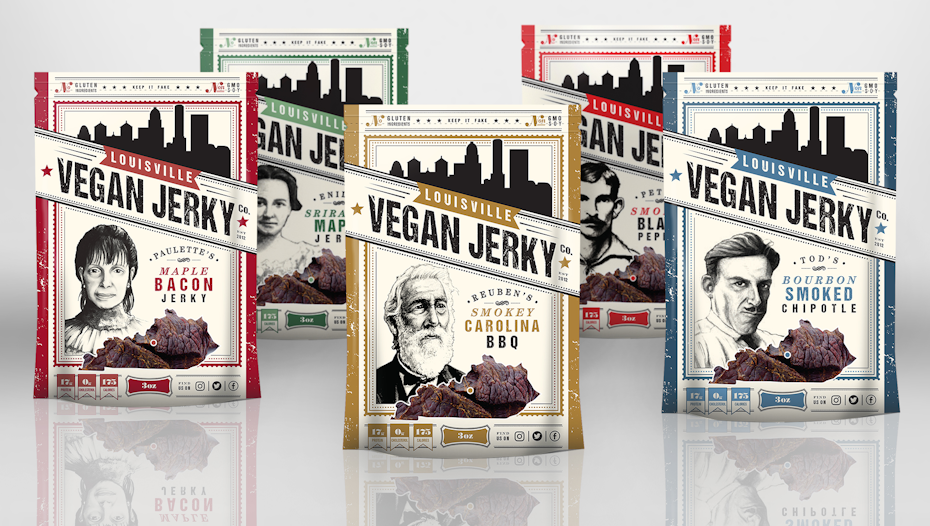 five vegan jerky packaging with front and back printing