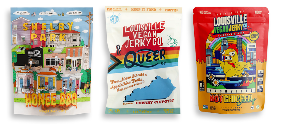 three fun, colorful and experimental packaging design for vegan jerky brand