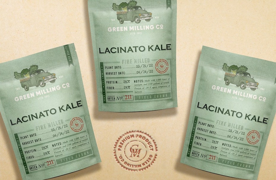 logo and packaging design in green with an illustration of a truck with kale