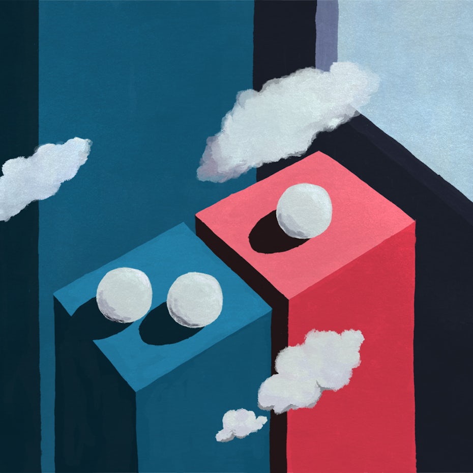 Domino's logo reimagined in the style of René Magritte