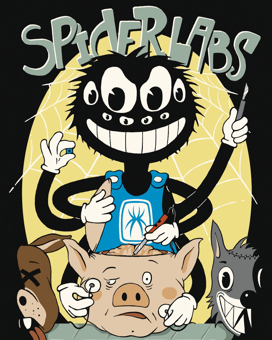 T-shirt illustration of vintage cartoon style spiders