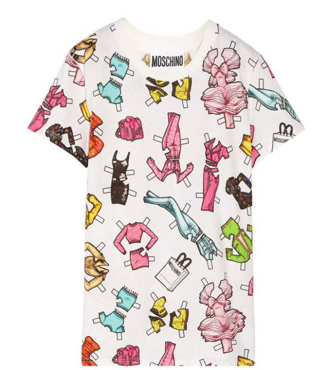 A graphic t-shirt with a pattern of barbie outfits
