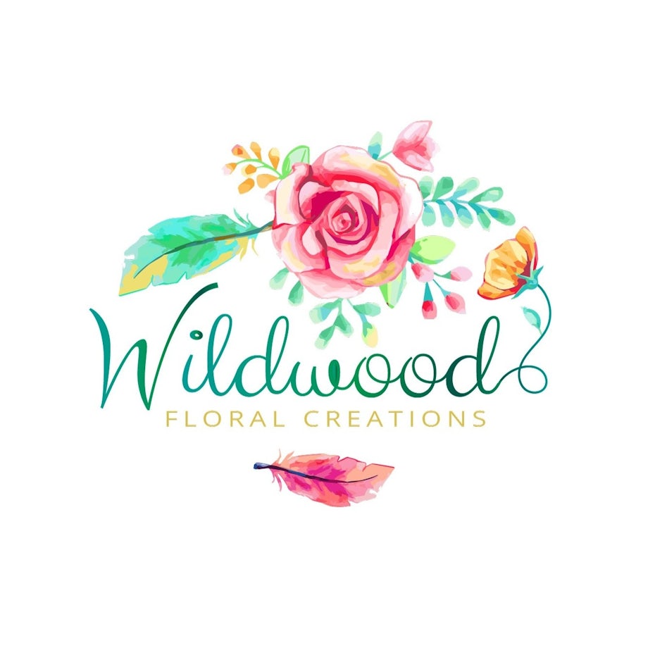 the words “Wildwood floral creations” with a colorful pink and green flower