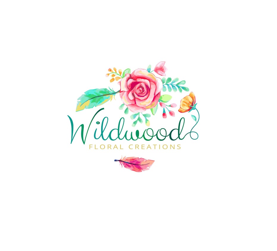 the words “Wildwood floral creations” with a colorful pink and green flower