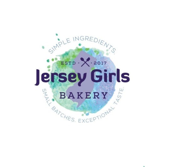 green, blue and purple gradient background behind a purple New Jersey state outline and the text “Jersey Girls Bakery”
