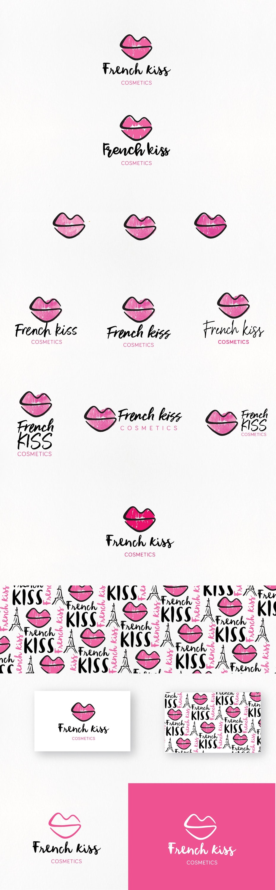 Pink lips outlined in black with the text “French Kiss cosmetics”