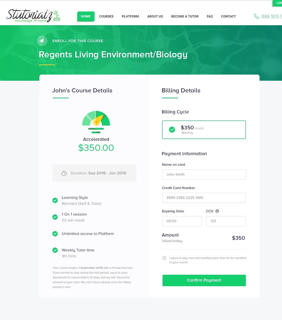 Online course checkout page design