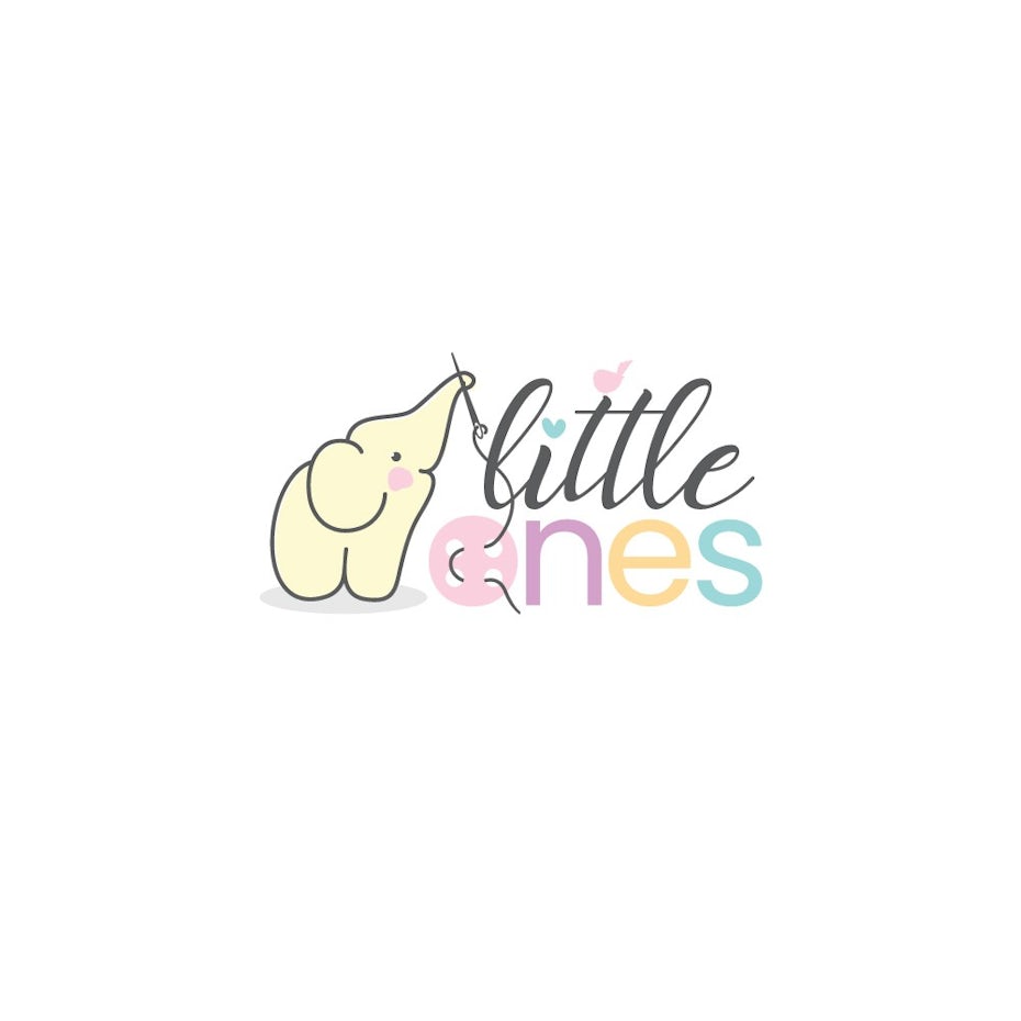 Pastel-colored elephant directing a needle and thread through buttons