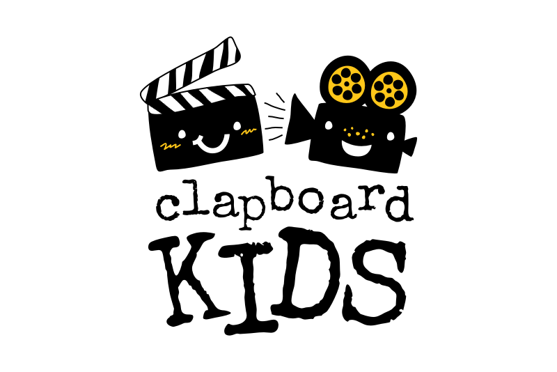A smiling clapboard and film projector with the text “clapboard kids”